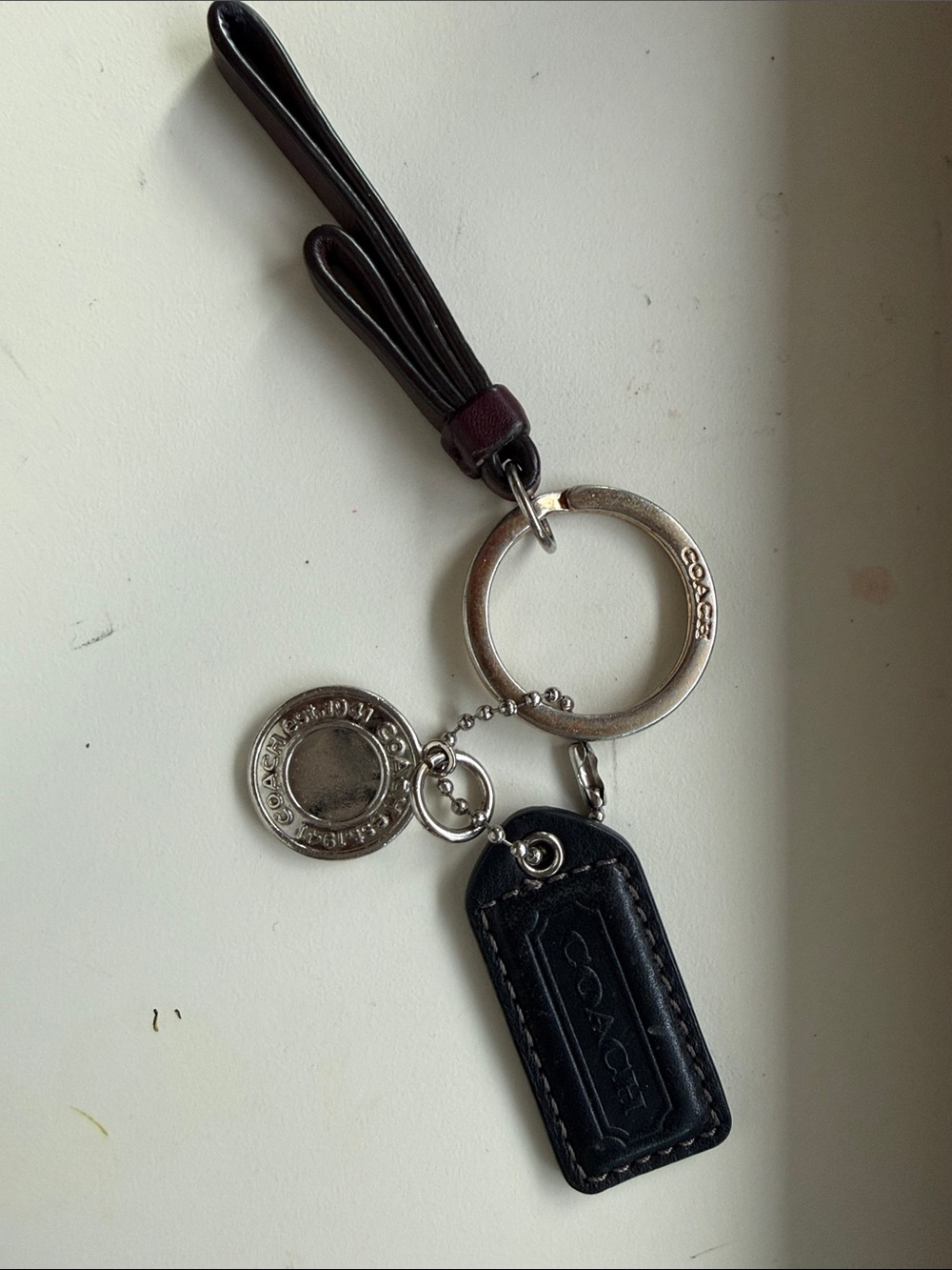 Authentic Coach Black Leather Tag Key Fob w/ Silver Rings and Coach Burgundy Str